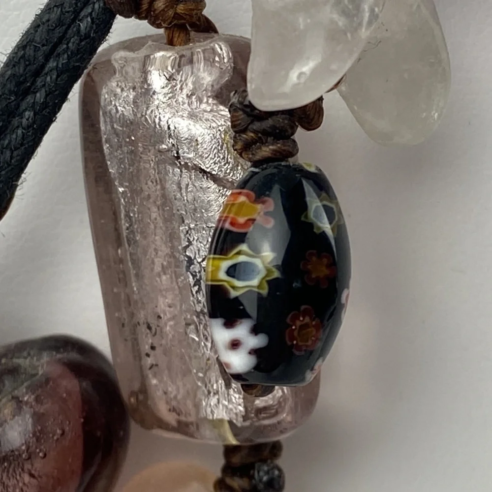 Corded braided dichroic glass polished stone w faceted Millefiori beads necklace
